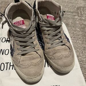 Golden Goose Beige and Glitter High-Top Sneakers